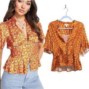Topshop Retro 70s‎ Floral Peplum Blouse Orange Daisy Flutter Sleeve Size 12